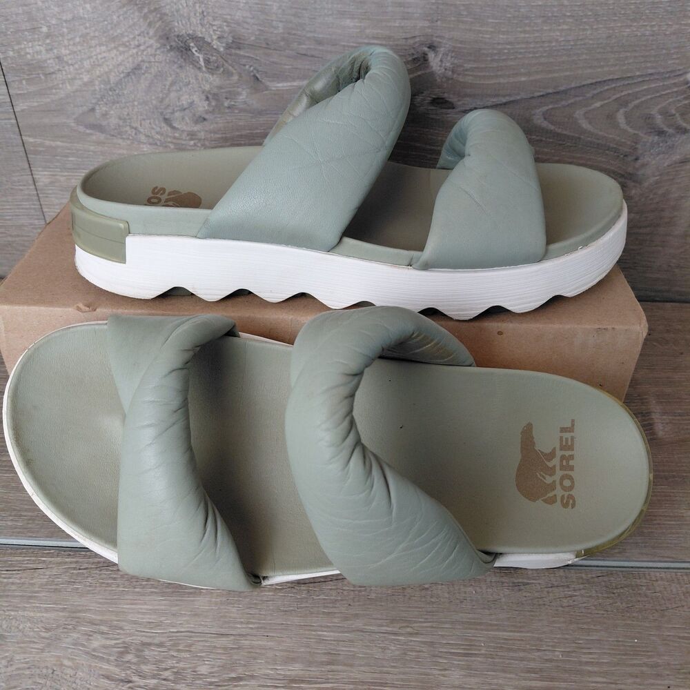Sorel Sandals Womens 9.5 Sage Green Viibe Twist Two Strap Platform Beach Slides
